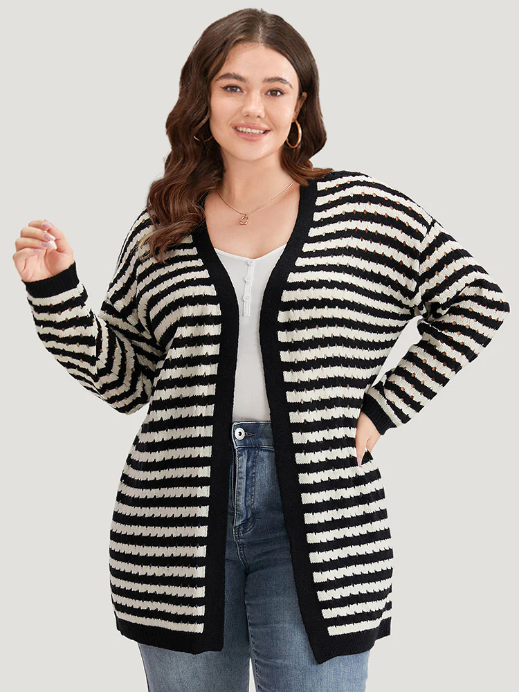 Striped Geo Eyelet Drop Shoulder Cardigan - Image 3