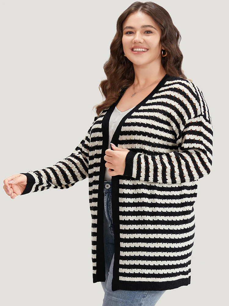 Striped Geo Eyelet Drop Shoulder Cardigan - Image 4