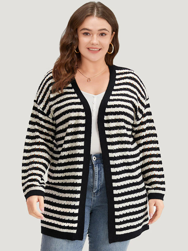 Striped Geo Eyelet Drop Shoulder Cardigan - Image 5