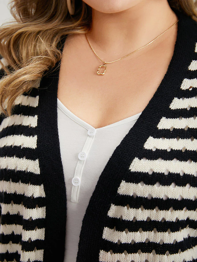 Striped Geo Eyelet Drop Shoulder Cardigan - Image 7