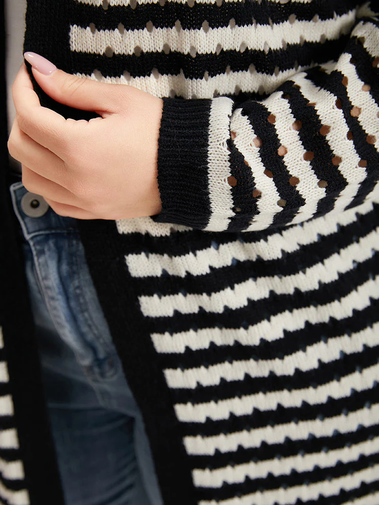 Striped Geo Eyelet Drop Shoulder Cardigan - Image 9