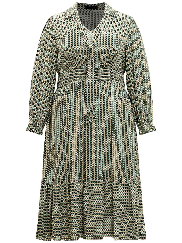 Striped Geometric Bowknot Keyhole Shirred Dress - Image 8