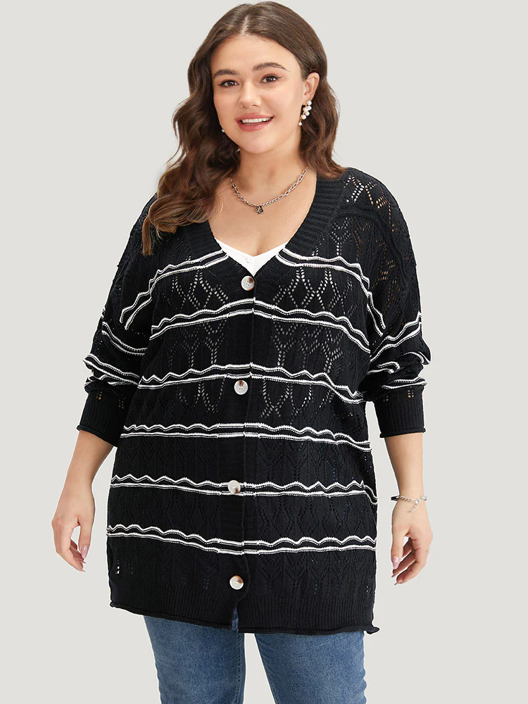 Striped Geometric Button Through Cardigan - Image 4