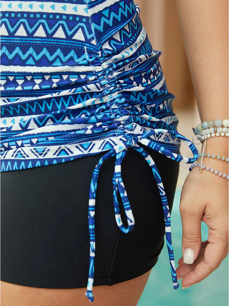 Striped Geometric Mesh Insert Ruched Drawstring Tankini Top - Image 8