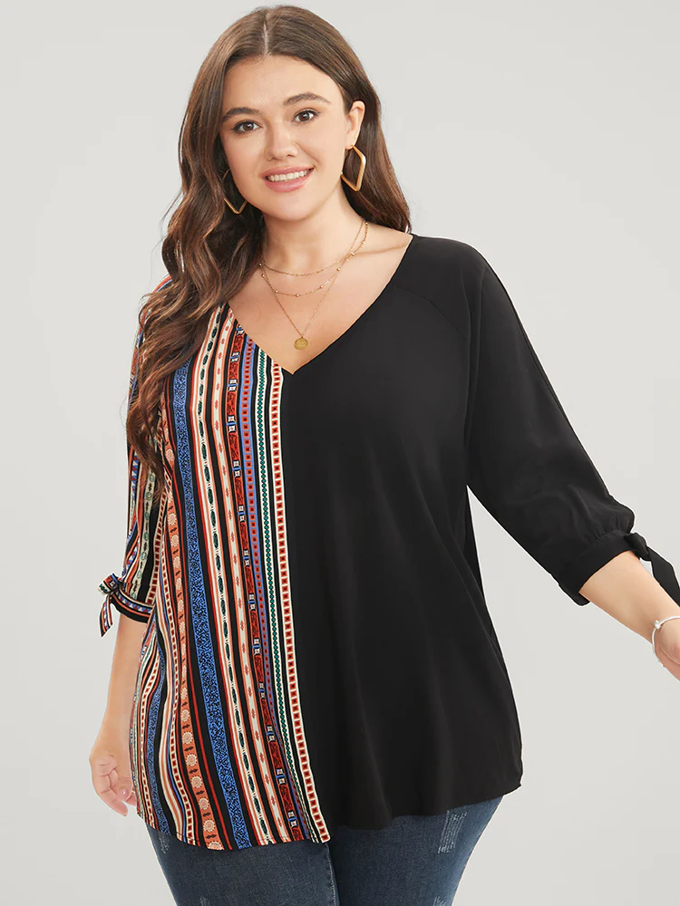 Striped Geometric Patchwork Knotted Sleeve Blouse