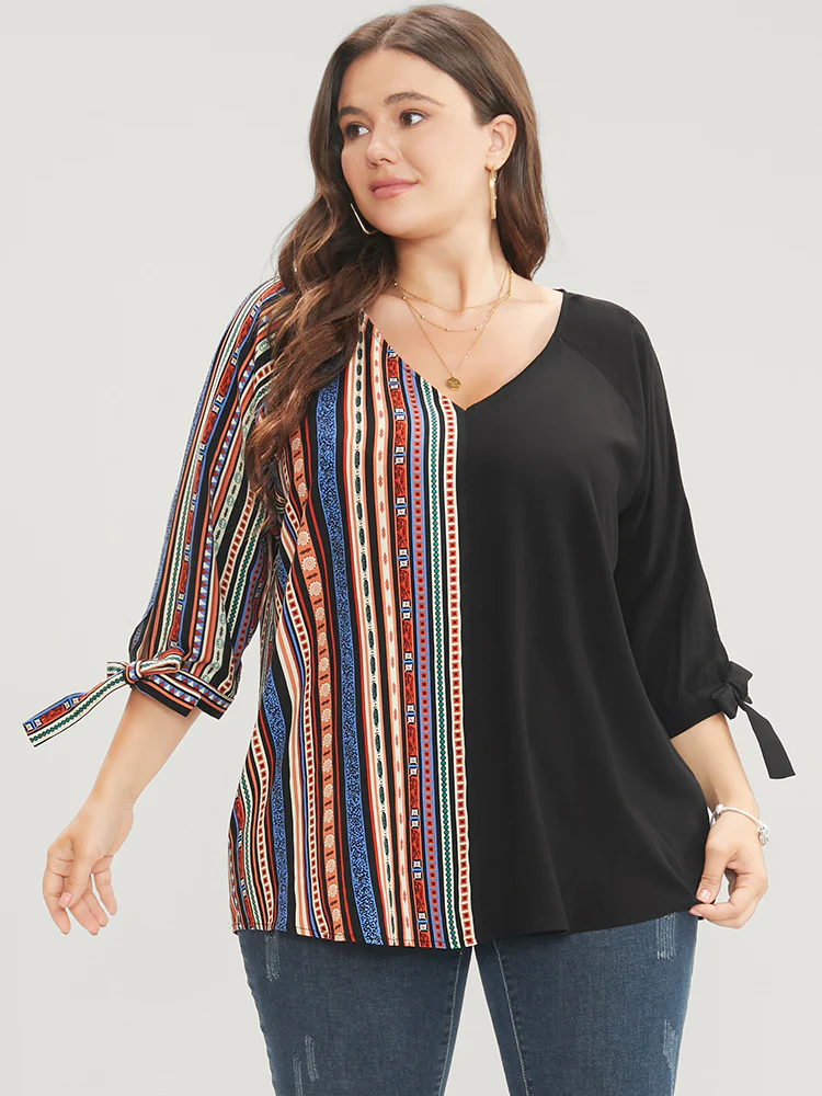 Striped Geometric Patchwork Knotted Sleeve Blouse - Image 2