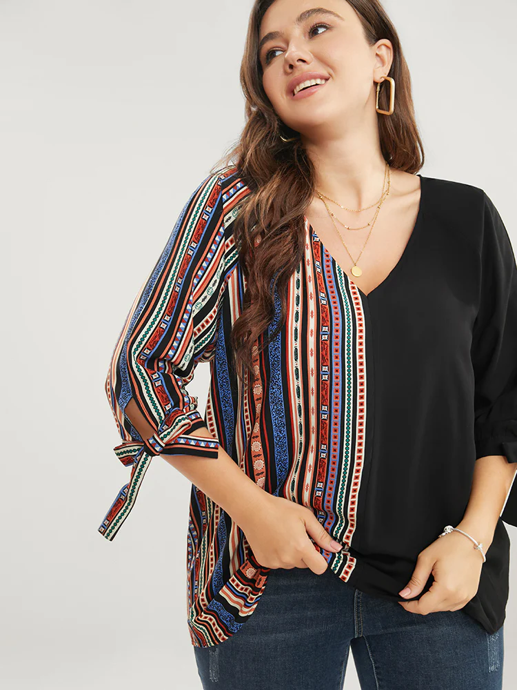 Striped Geometric Patchwork Knotted Sleeve Blouse - Image 3