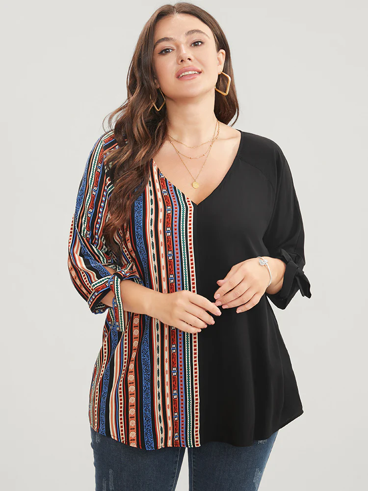 Striped Geometric Patchwork Knotted Sleeve Blouse - Image 4