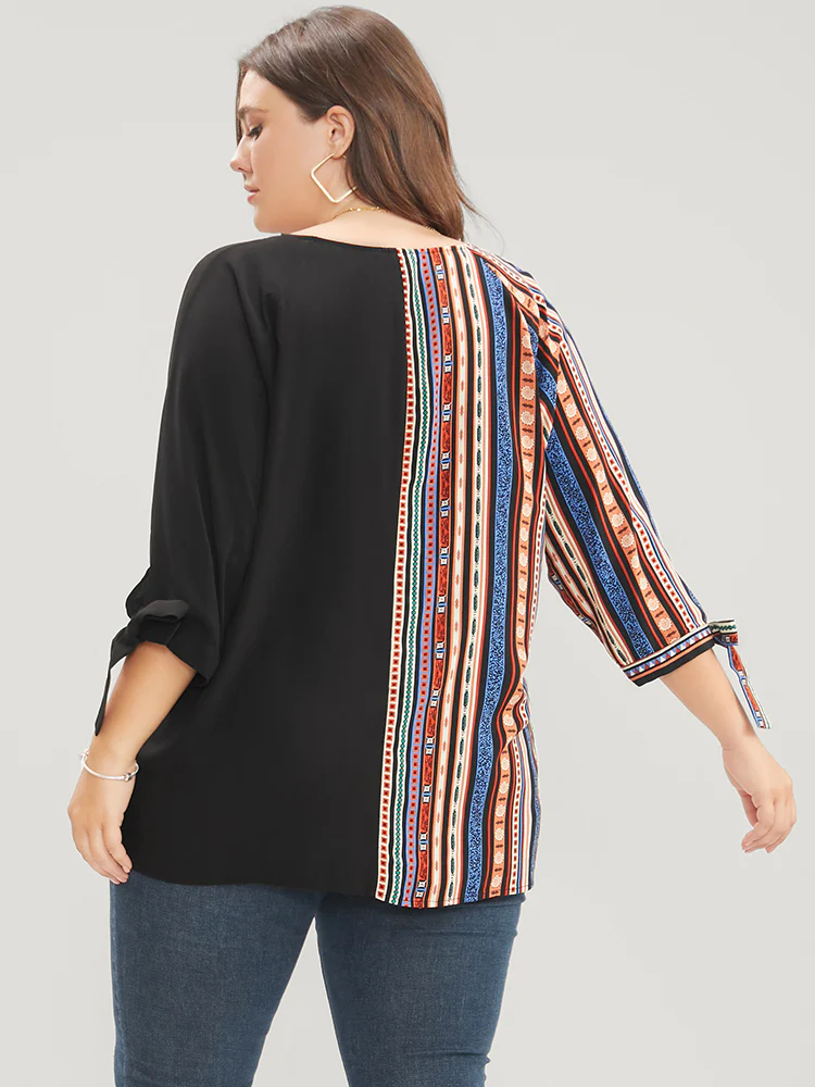 Striped Geometric Patchwork Knotted Sleeve Blouse - Image 5