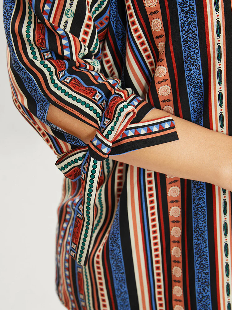 Striped Geometric Patchwork Knotted Sleeve Blouse - Image 7