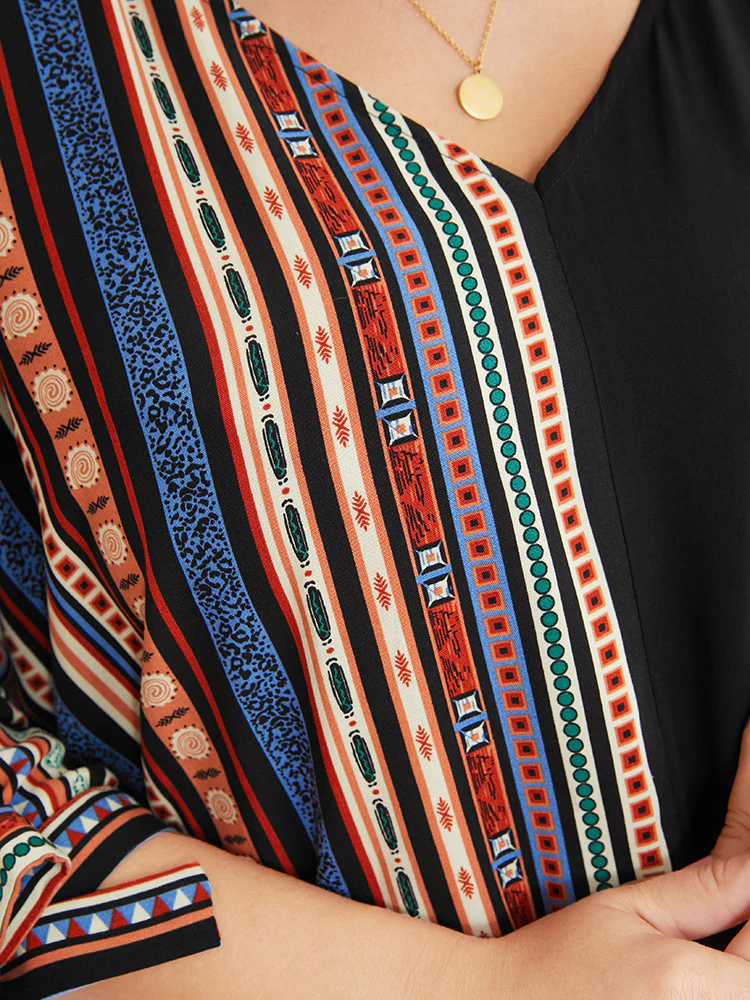 Striped Geometric Patchwork Knotted Sleeve Blouse - Image 8