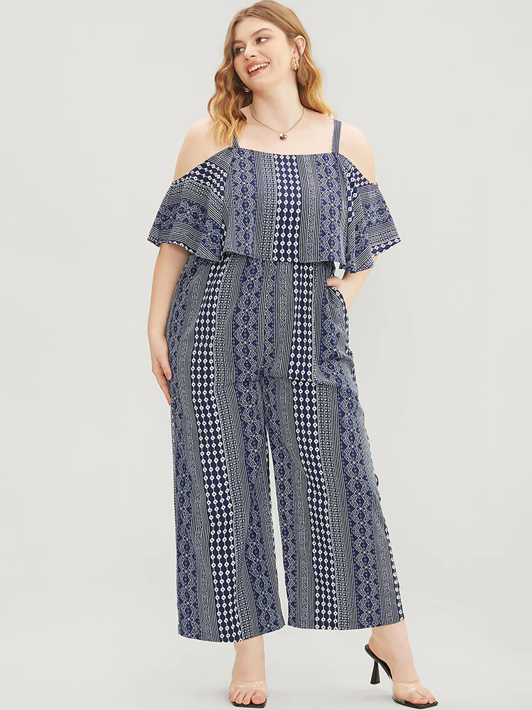 Striped Geometric Pocket Ruffles Cold Shoulder Jumpsuit - Image 2
