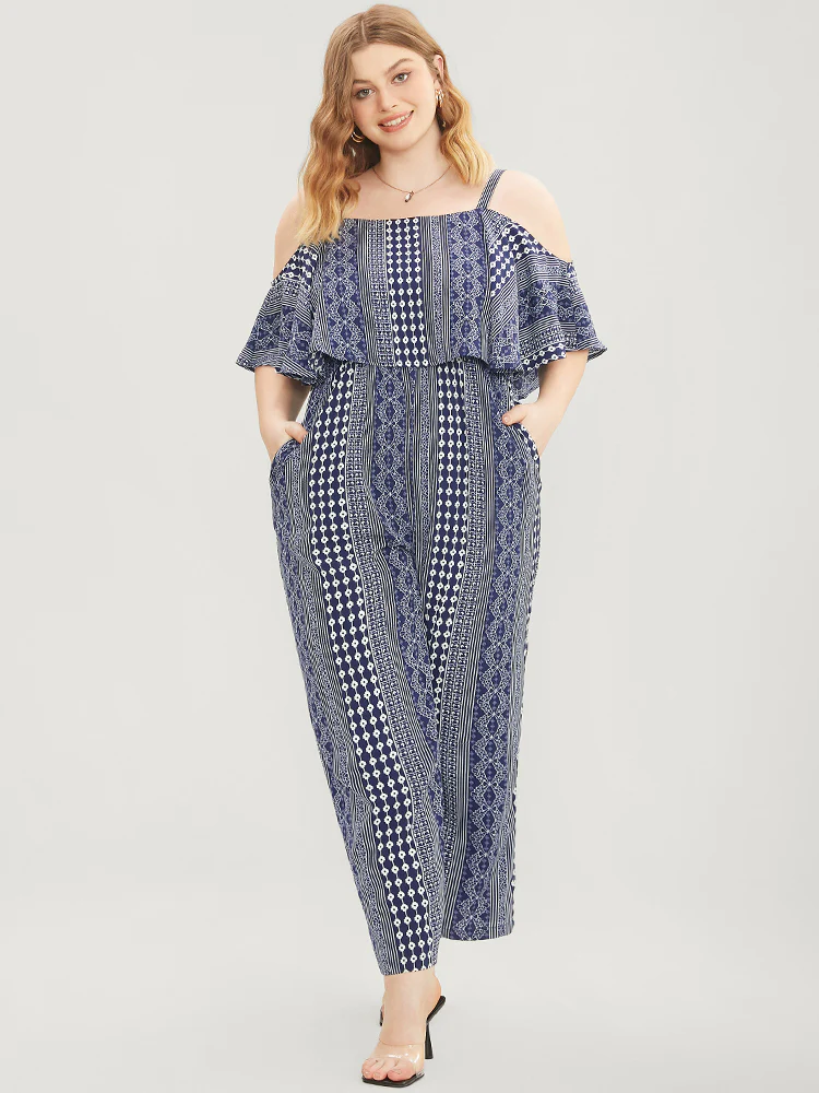 Striped Geometric Pocket Ruffles Cold Shoulder Jumpsuit - Image 3