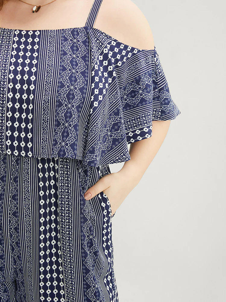 Striped Geometric Pocket Ruffles Cold Shoulder Jumpsuit - Image 4