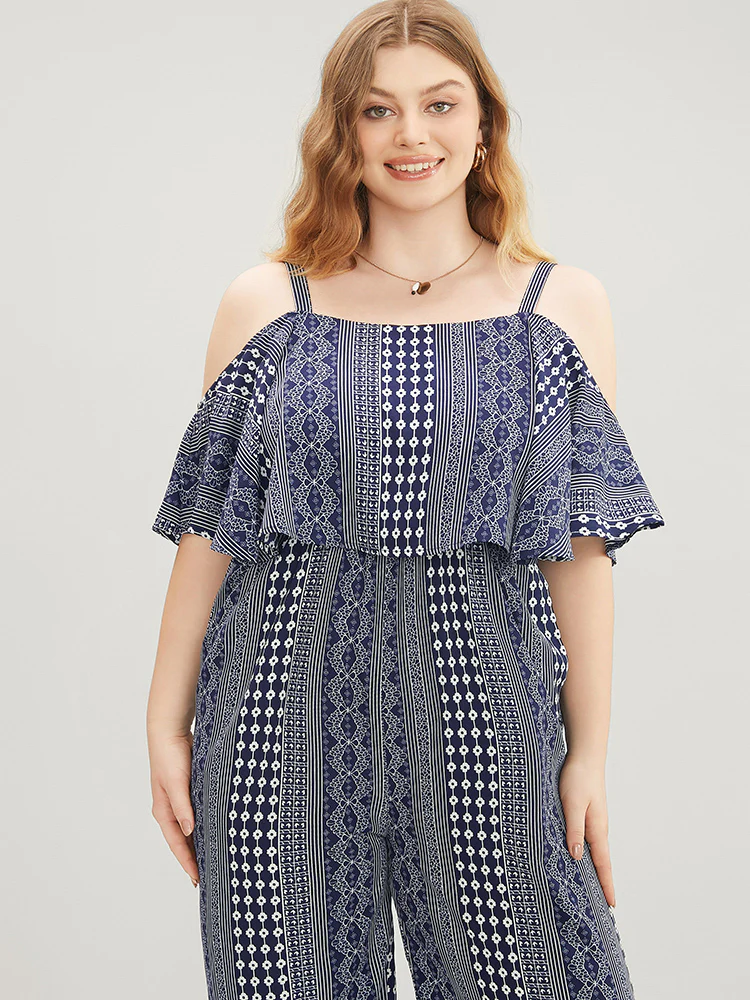 Striped Geometric Pocket Ruffles Cold Shoulder Jumpsuit - Image 5