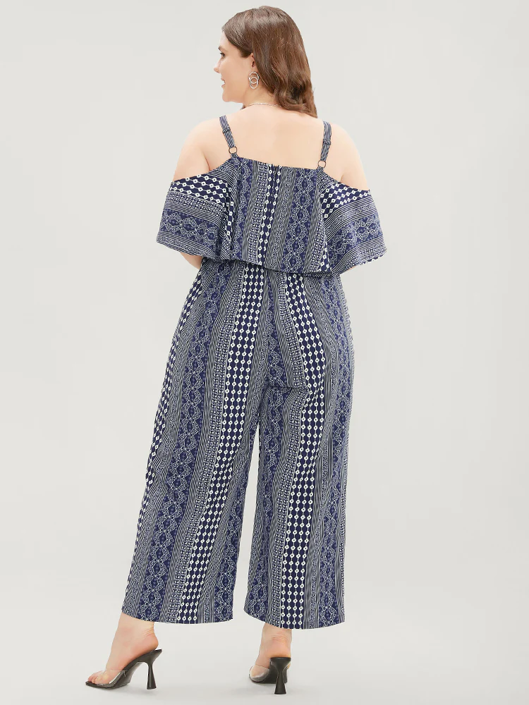 Striped Geometric Pocket Ruffles Cold Shoulder Jumpsuit - Image 7