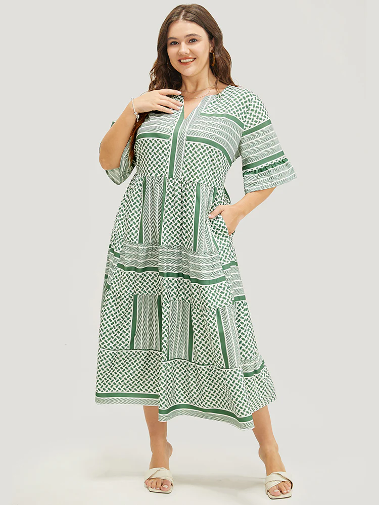 Striped Geometric Ruffle Sleeve Patchwork Pocket Flutter Dress