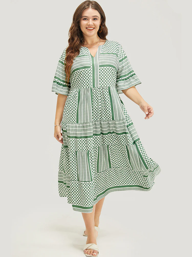 Striped Geometric Ruffle Sleeve Patchwork Pocket Flutter Dress - Image 2