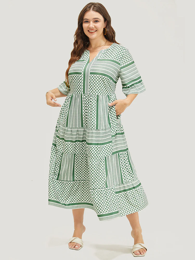 Striped Geometric Ruffle Sleeve Patchwork Pocket Flutter Dress - Image 3