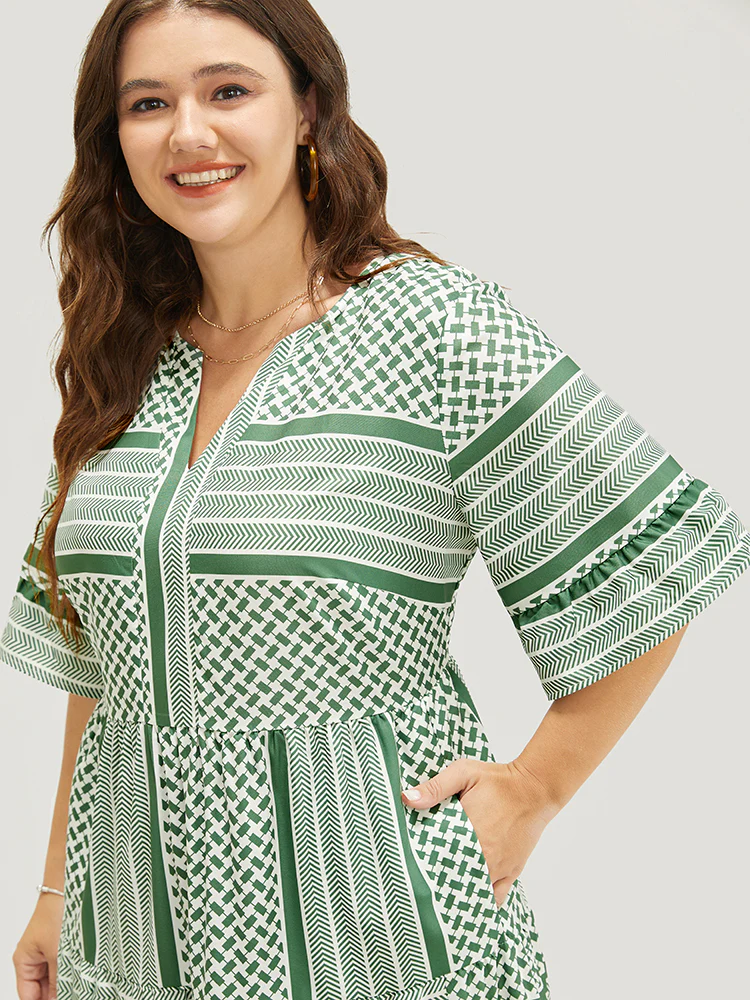 Striped Geometric Ruffle Sleeve Patchwork Pocket Flutter Dress - Image 4