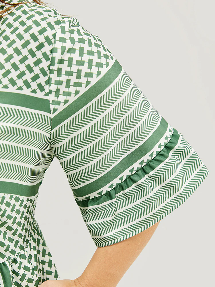 Striped Geometric Ruffle Sleeve Patchwork Pocket Flutter Dress - Image 5