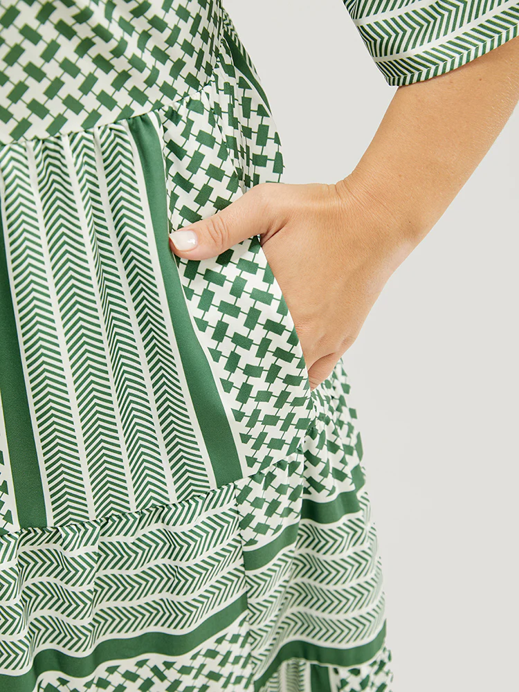 Striped Geometric Ruffle Sleeve Patchwork Pocket Flutter Dress - Image 6