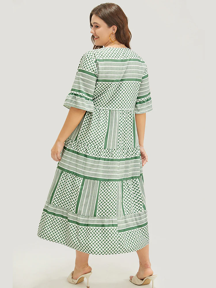 Striped Geometric Ruffle Sleeve Patchwork Pocket Flutter Dress - Image 7