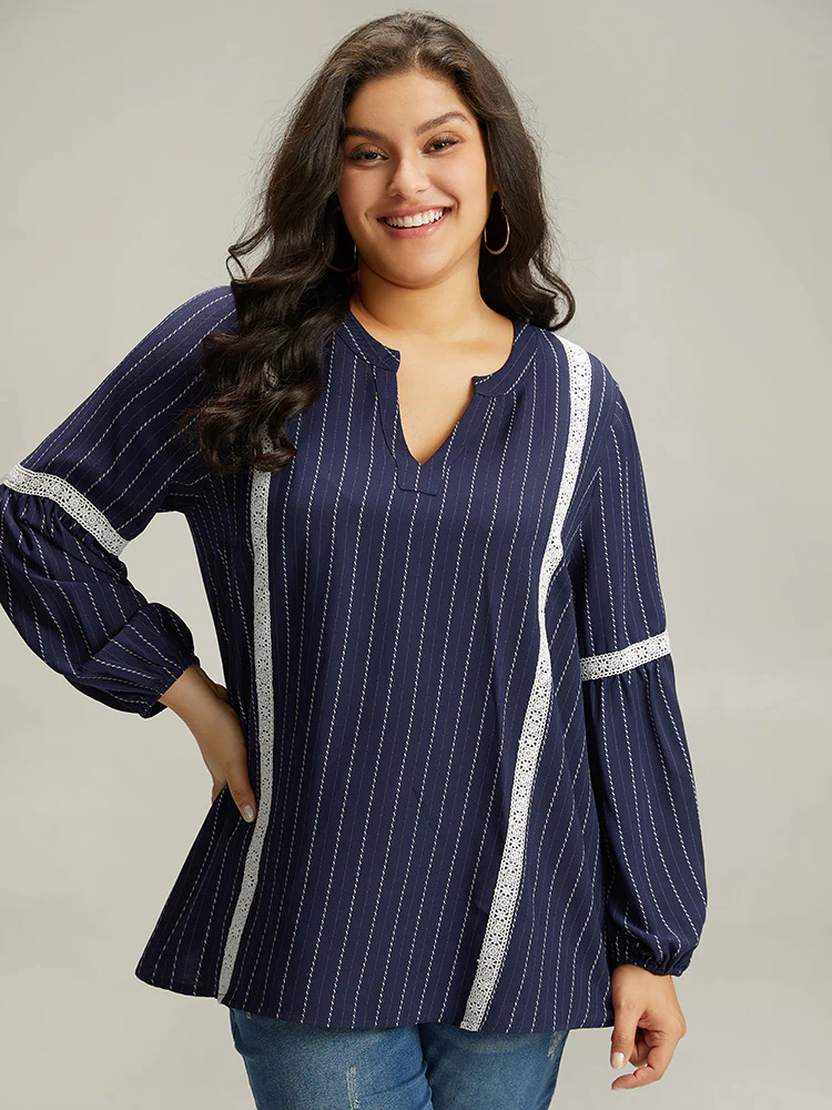Striped Guipure Lace Notched Lantern Sleeve Blouse - Image 2