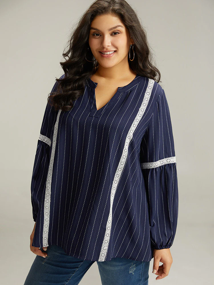 Striped Guipure Lace Notched Lantern Sleeve Blouse - Image 3