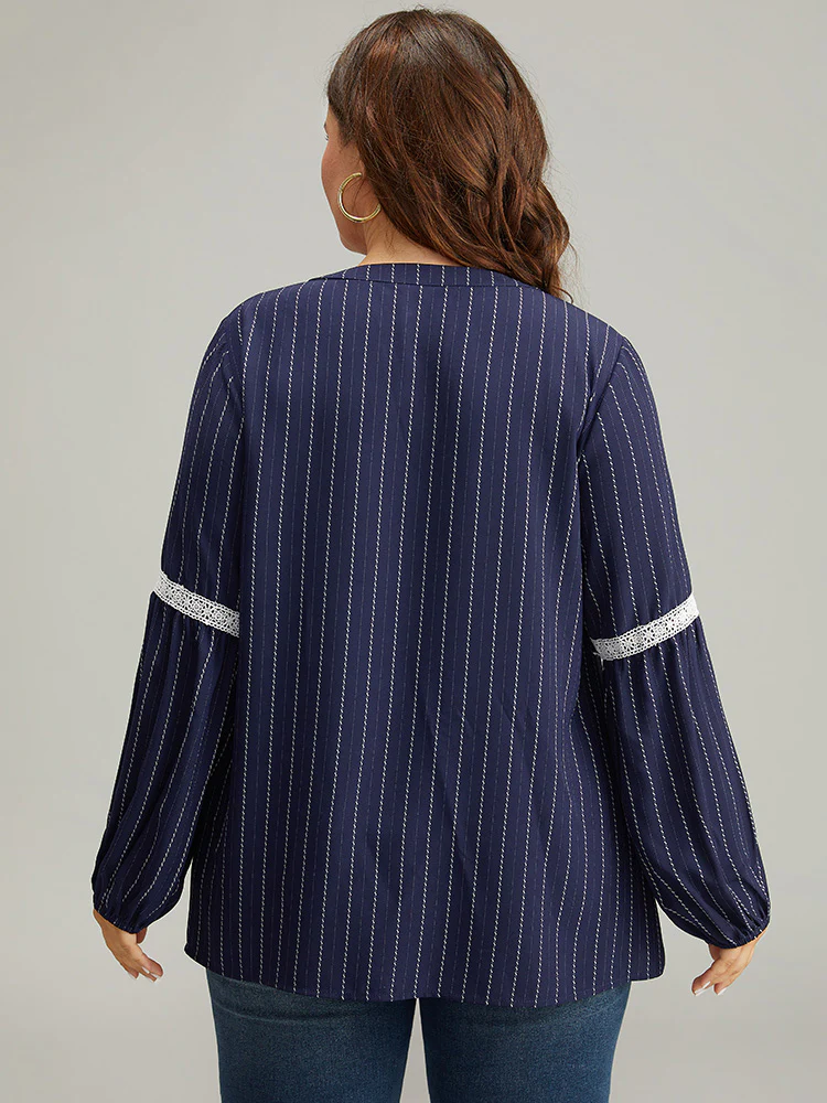 Striped Guipure Lace Notched Lantern Sleeve Blouse - Image 4