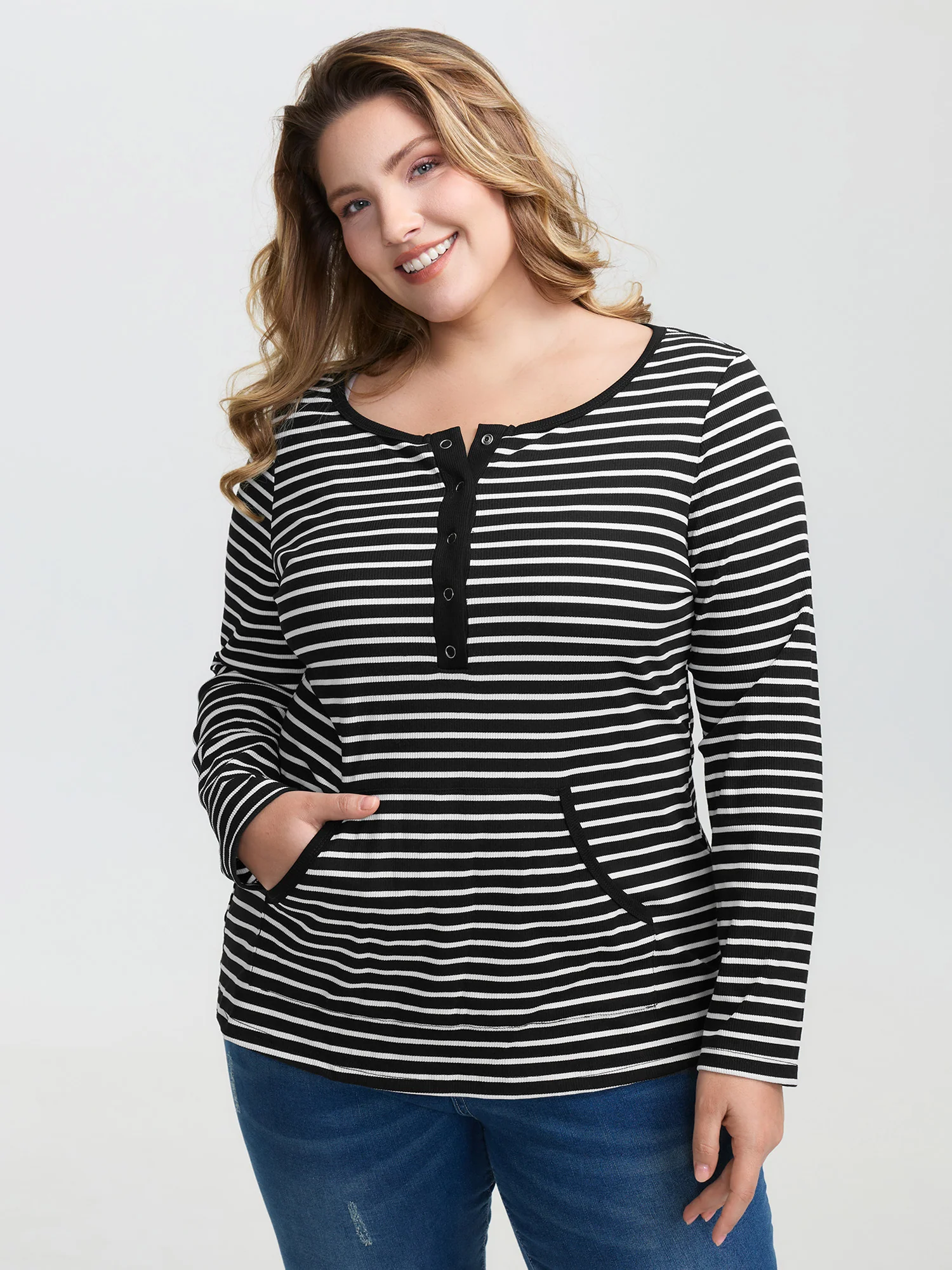 Striped Half-Open Placket Pockets T-Shirt