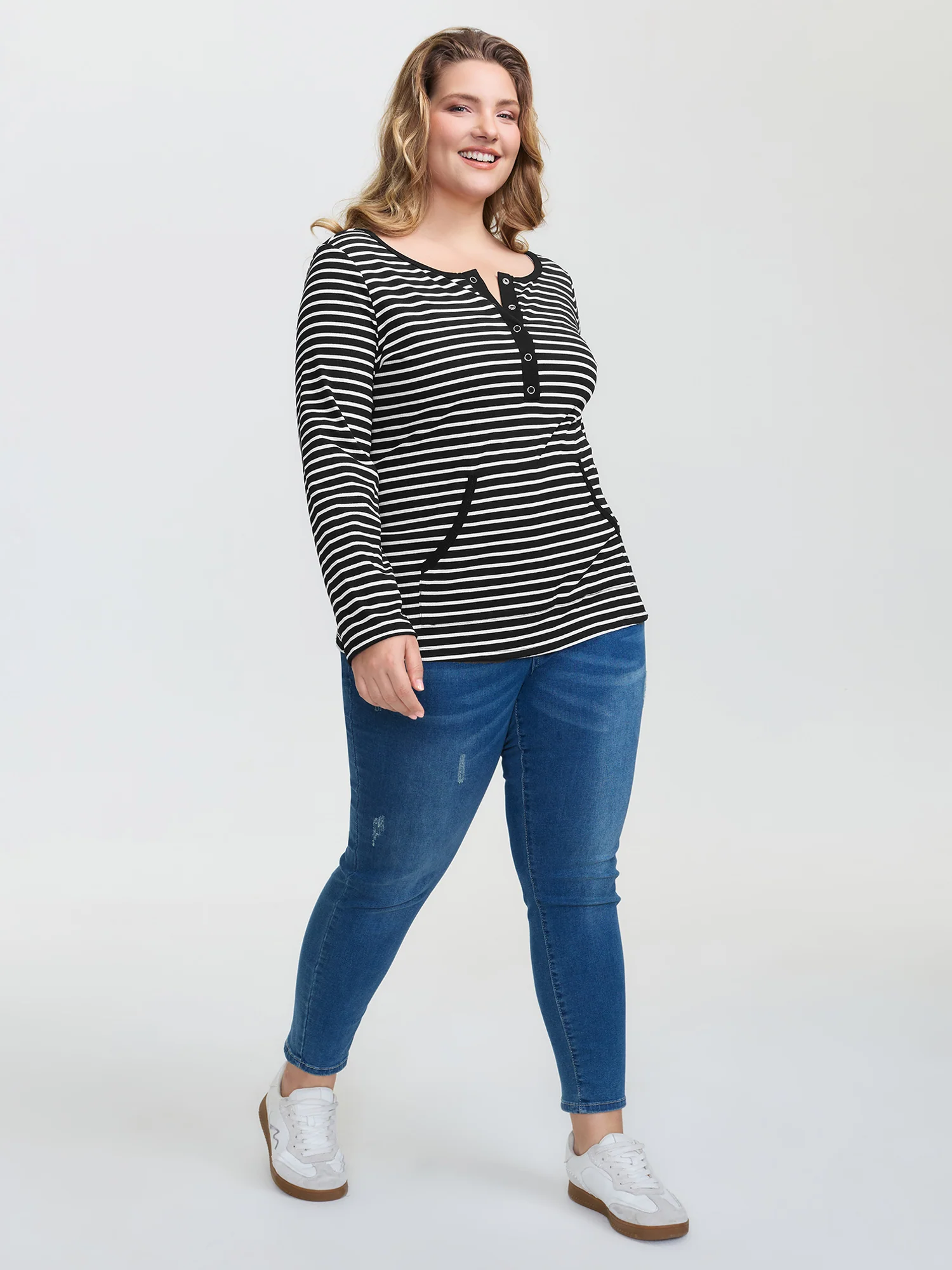 Striped Half-Open Placket Pockets T-Shirt - Image 3