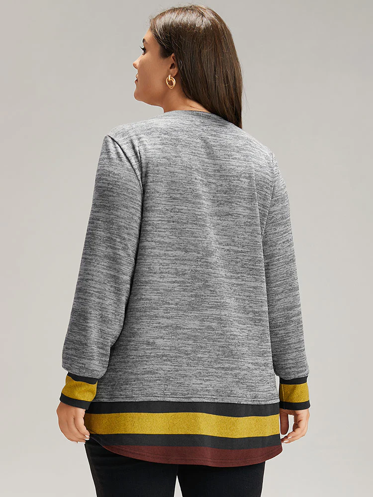 Striped Heather Patchwork Curved Hem Sweatshirt - Image 2