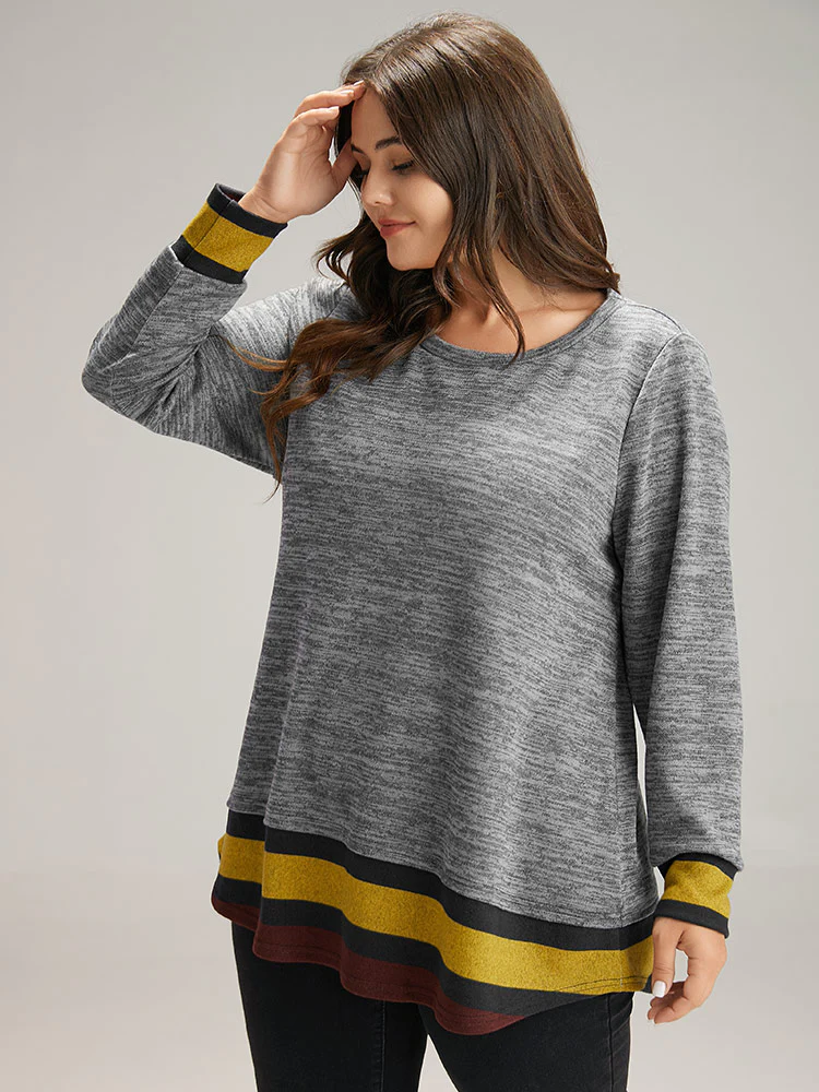 Striped Heather Patchwork Curved Hem Sweatshirt - Image 3