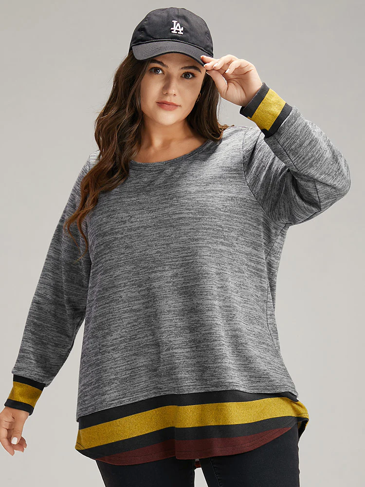 Striped Heather Patchwork Curved Hem Sweatshirt - Image 4