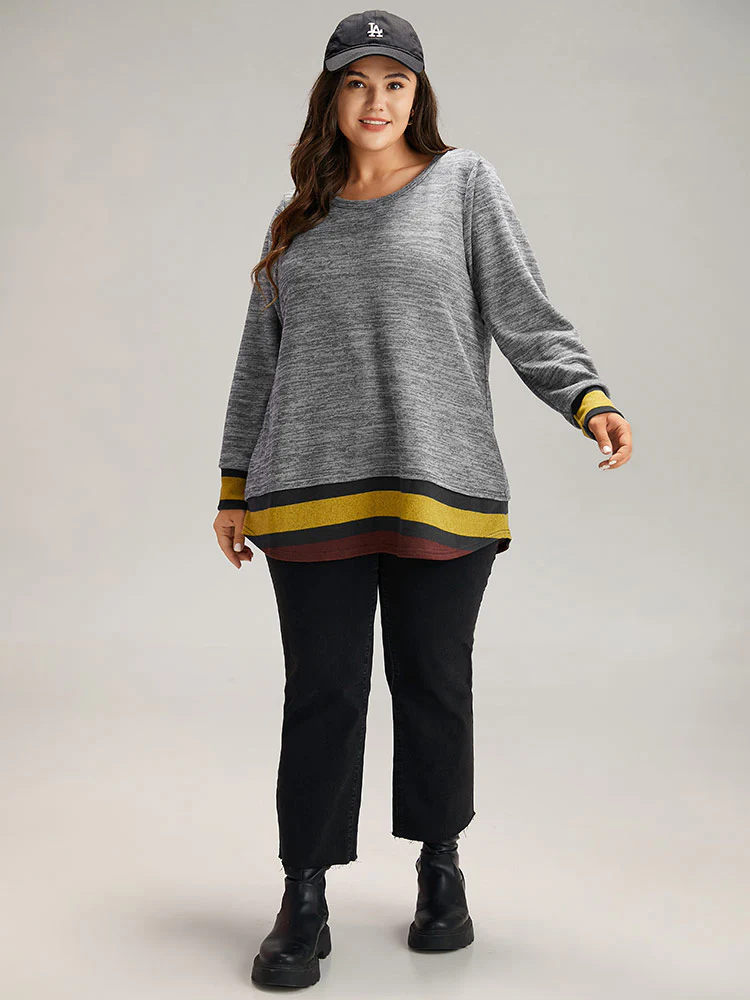 Striped Heather Patchwork Curved Hem Sweatshirt - Image 5