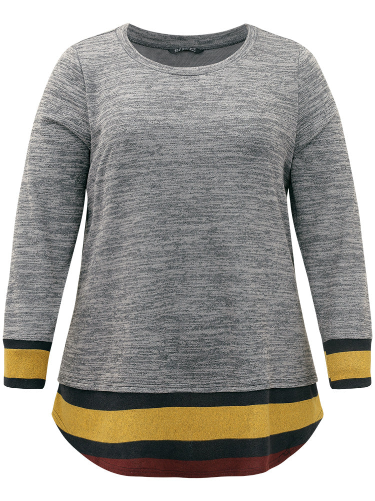 Striped Heather Patchwork Curved Hem Sweatshirt - Image 8