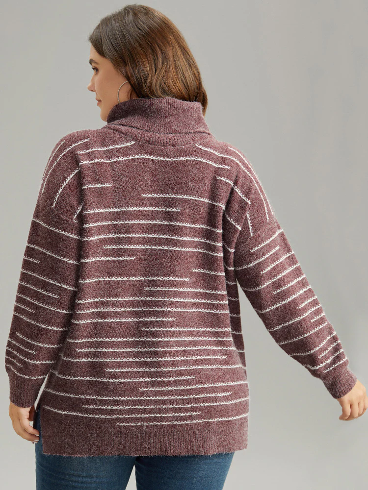 Striped Heather Turtleneck Split Hem Pullover - Image 3