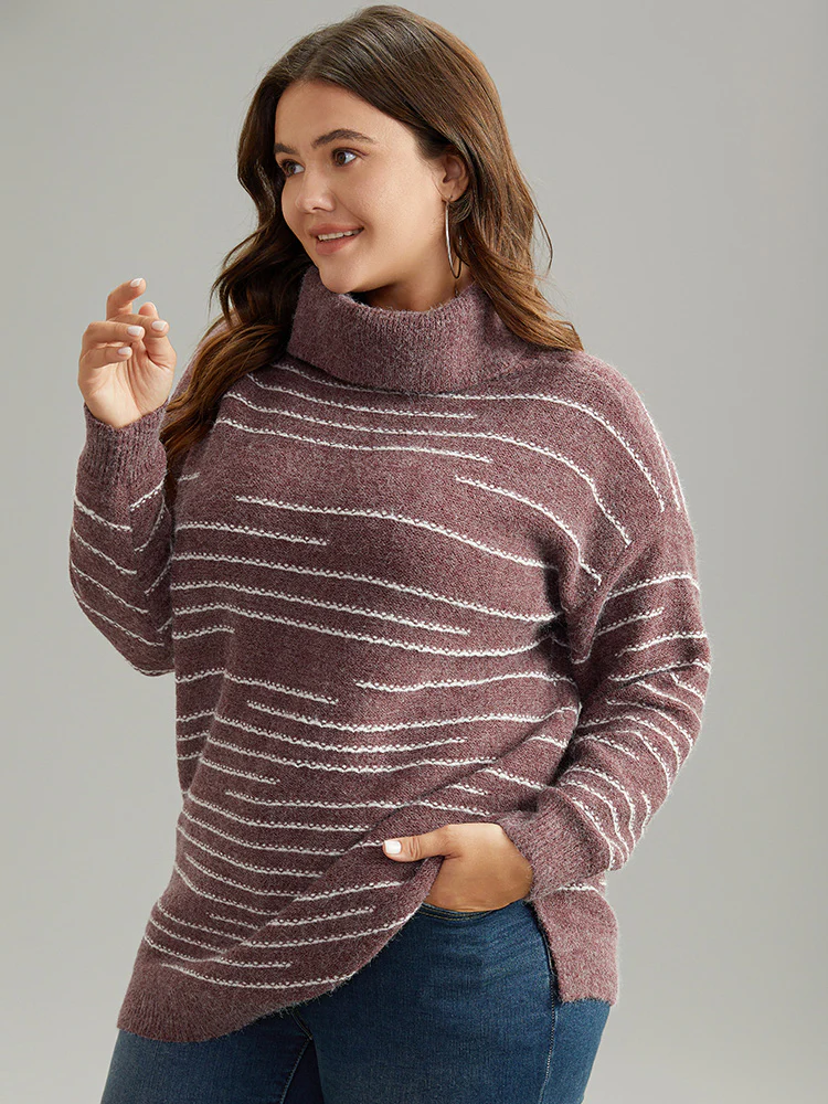 Striped Heather Turtleneck Split Hem Pullover - Image 5