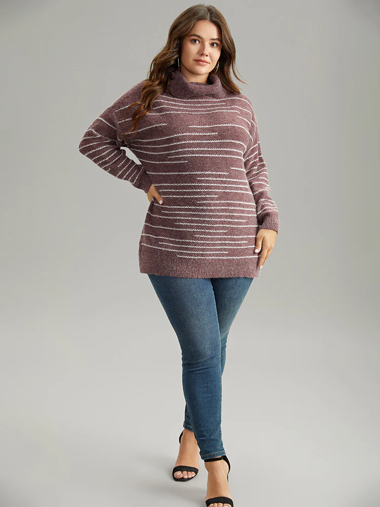 Striped Heather Turtleneck Split Hem Pullover - Image 6