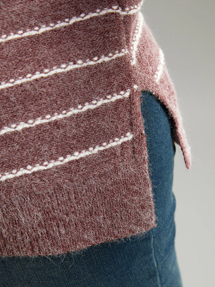 Striped Heather Turtleneck Split Hem Pullover - Image 8