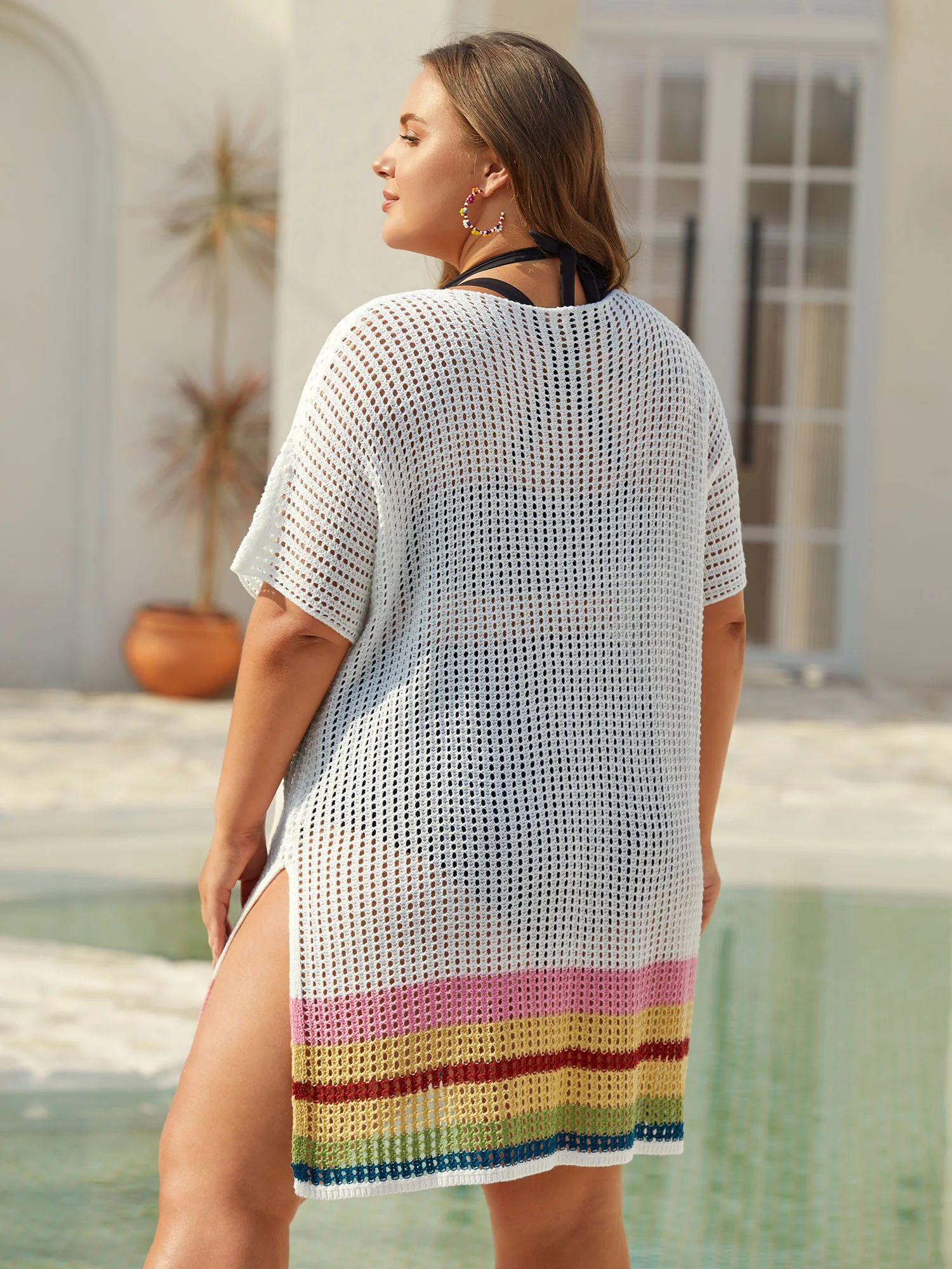 Striped Hem Cut-Out Slit Swim Cover-Up - Image 2