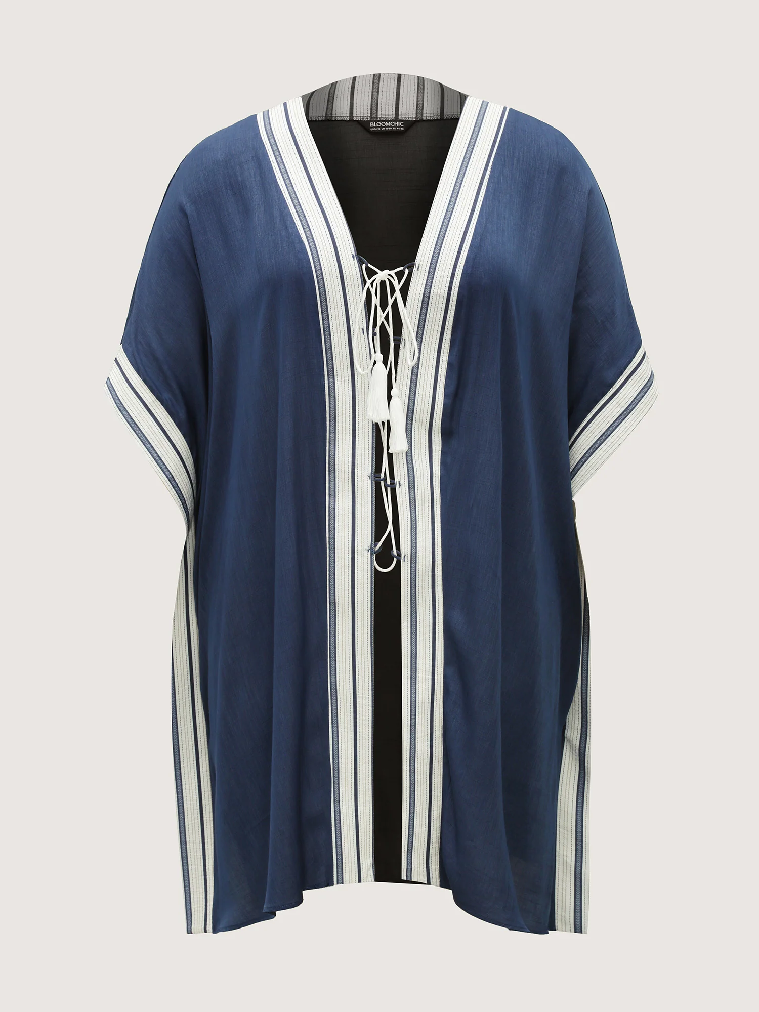 Striped Hem Tassel Solid Kimono - Image 7