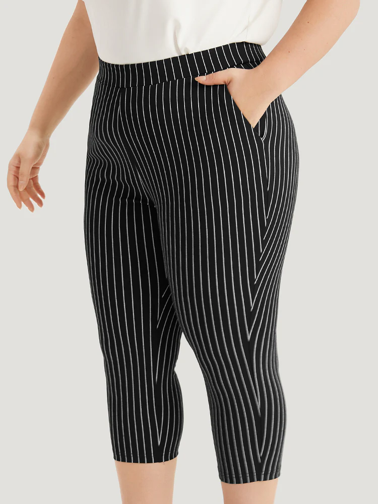 Striped High Rise Pocket Elastic Waist Skinny Pants - Image 3