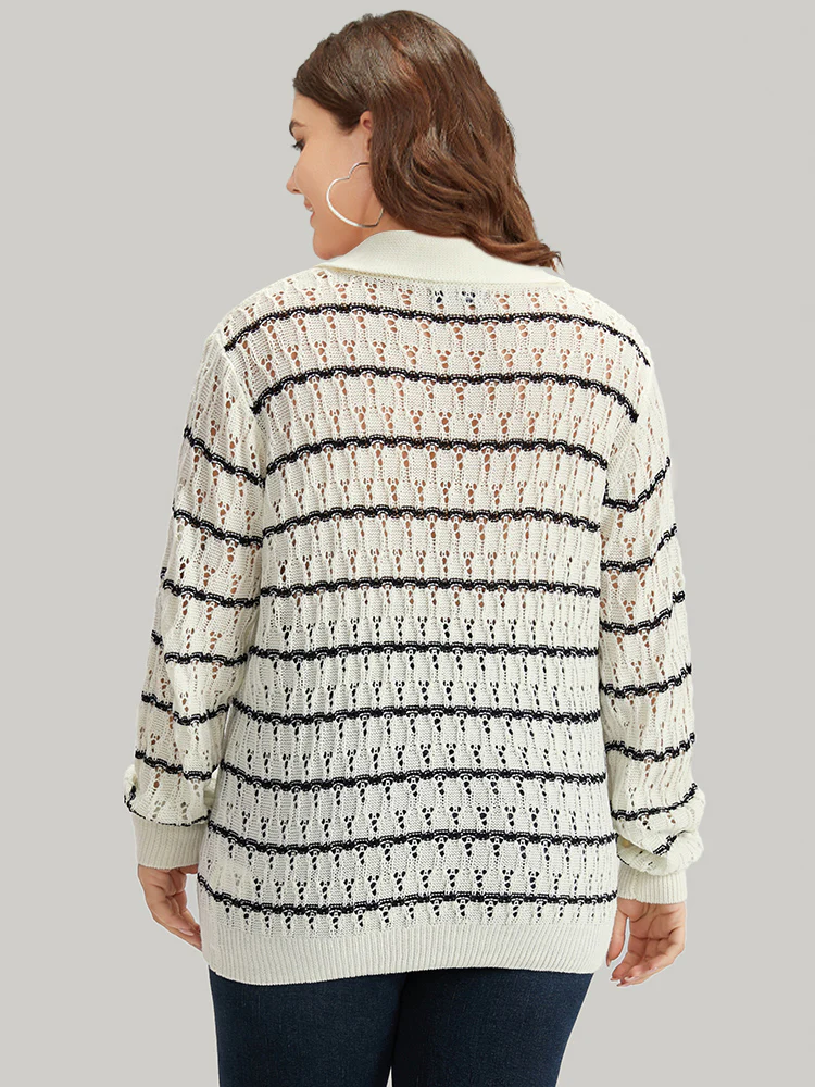 Striped Hollow Out Lapel Collar Pullover - Image 2