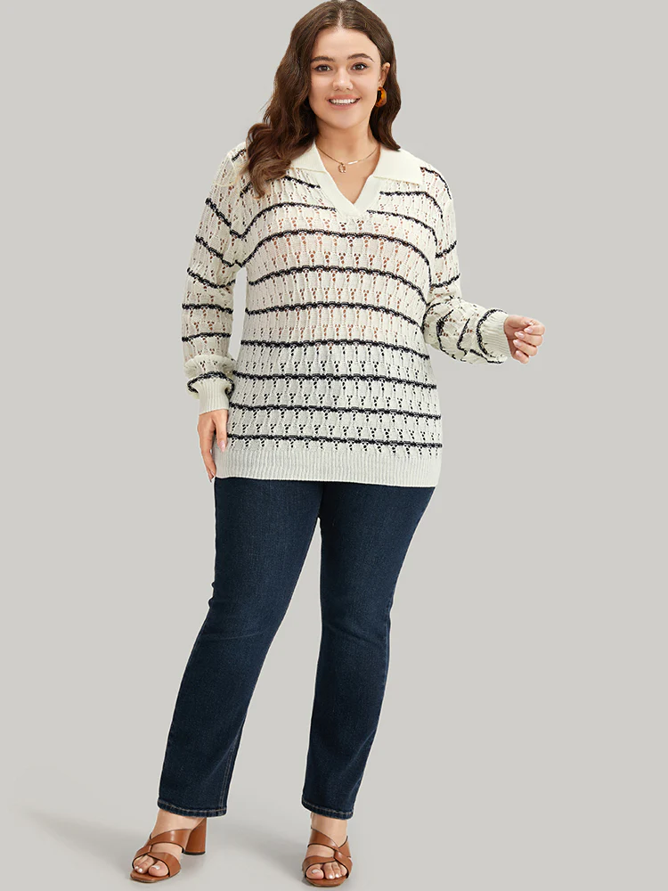 Striped Hollow Out Lapel Collar Pullover - Image 4
