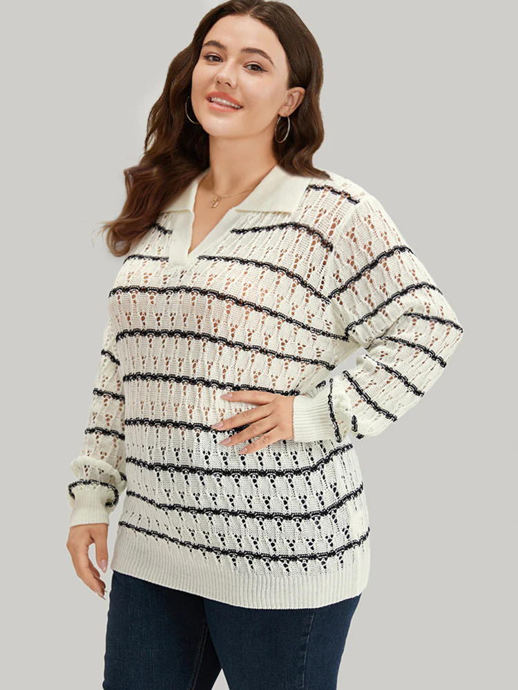 Striped Hollow Out Lapel Collar Pullover - Image 5