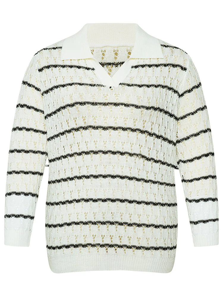Striped Hollow Out Lapel Collar Pullover - Image 8