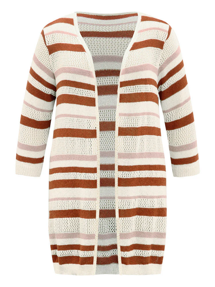 Striped Hollow Out Open Front Split Hem Cardigan - Image 10