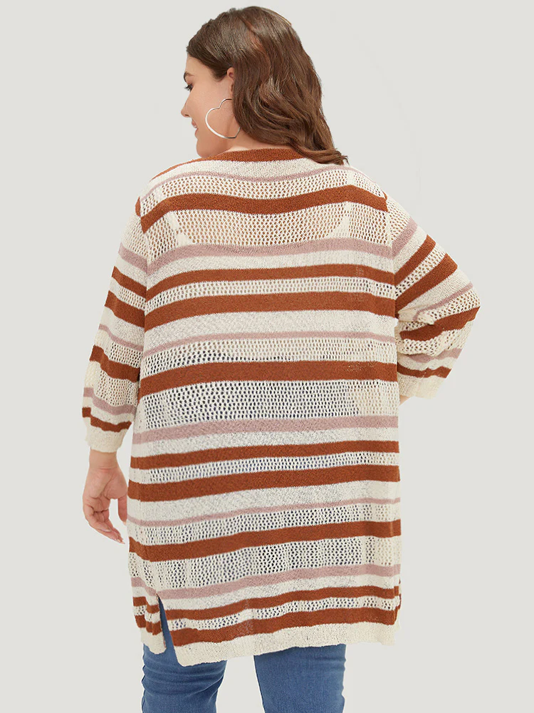 Striped Hollow Out Open Front Split Hem Cardigan - Image 2